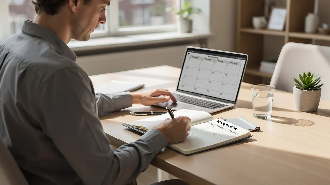 Een ondernemer zit aan een opgeruimd bureau en werkt geconcentreerd met een laptop en een planner, wat duidt op een gestructureerde aanpak van zijn werkzaamheden. De omgeving straalt efficiëntie en focus uit, essentieel voor het succesvol ondernemen en het ontwikkelen van nieuwe inzichten in complexe projecten.