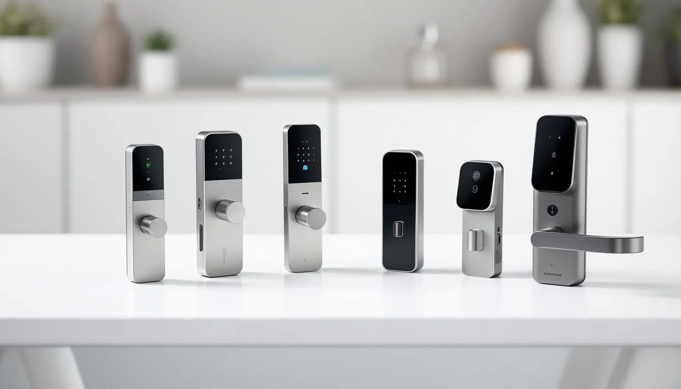 A variety of smart door locks displayed on a table, showcasing different designs and features.