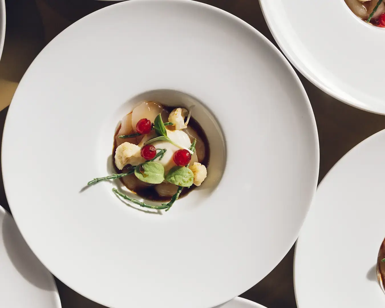 Gourmet restaurant dish with artfully plated vegetables, herbs, and sauce