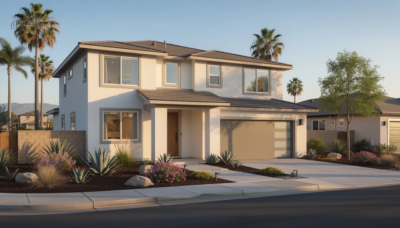 The image showcases a modern family home with a well-maintained exterior and lush landscaping, situated in a picturesque Southern California neighborhood. This inviting setting reflects the importance of family stability, often a key focus for family law attorneys navigating complex family law matters such as divorce and child custody.