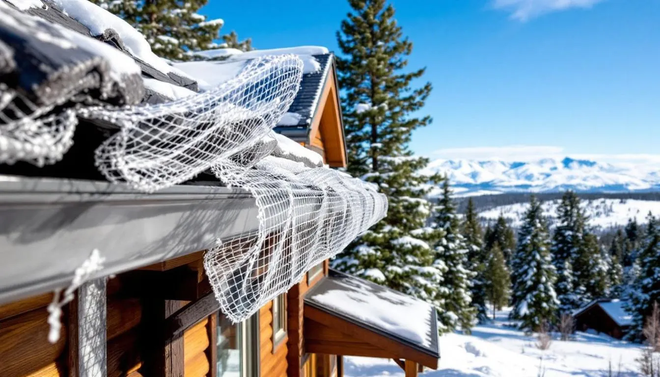 The image depicts a scenic property in Pueblo, Colorado, where winter gutter protection measures are being put in place to prevent damage from snow and ice. The scene highlights the importance of gutter maintenance and the implementation of gutter guards to protect against clogged gutters and potential water damage.