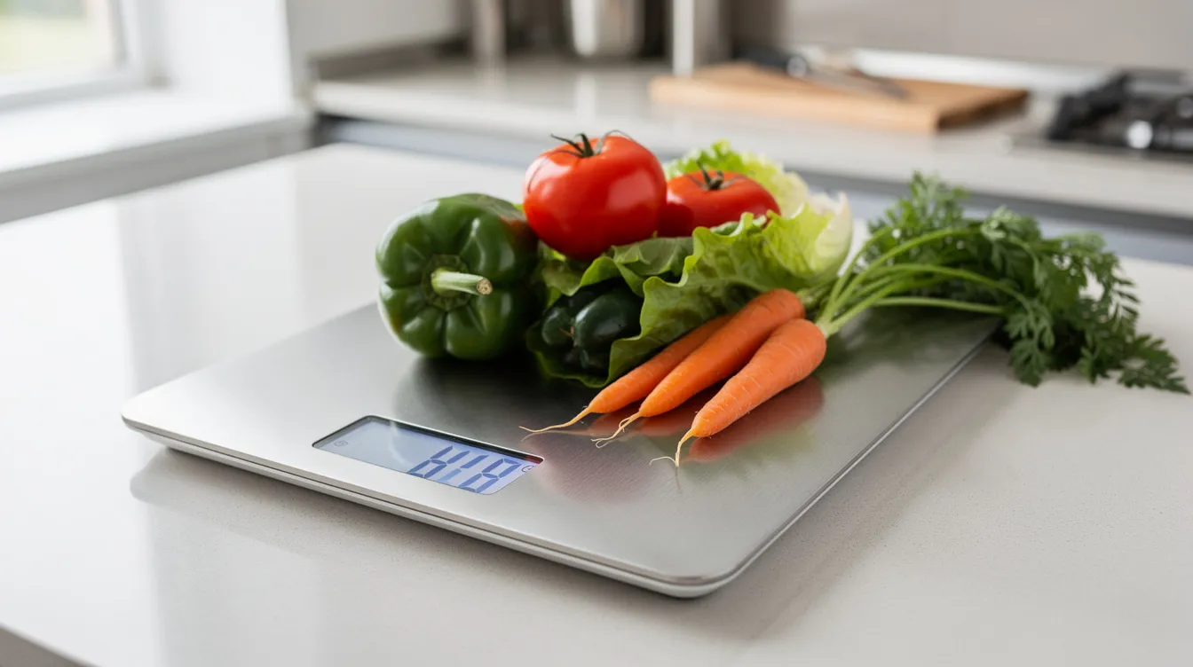 A compact digital weighing scale sits on a kitchen counter, featuring a digital display that shows the weight of fresh vegetables placed on its platform. This weighing scale is designed for accurate weighing, making it a practical tool for measuring ingredients in home cooking.