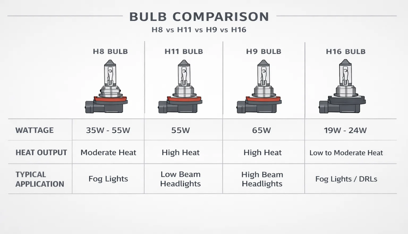 Infographic comparing H8, H11, H9, H16 bulbs by specifications