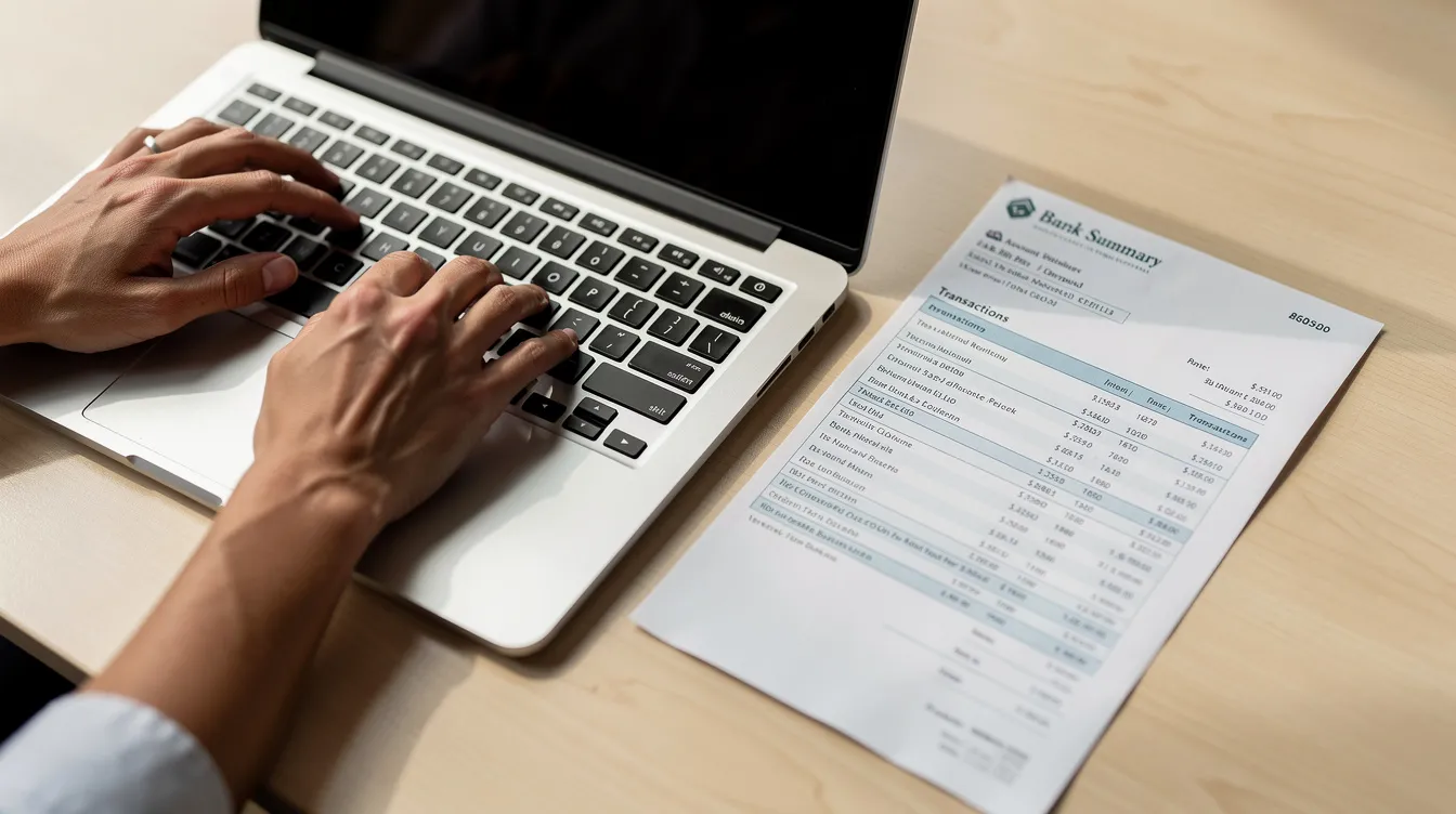 The image shows hands typing on a laptop keyboard with a bank statement placed nearby, suggesting a focus on managing finances or preparing for an international money transfer through a financial institution like Dubai Islamic Bank. The scene conveys the process of sending money abroad, highlighting the importance of understanding fees and exchange rates.