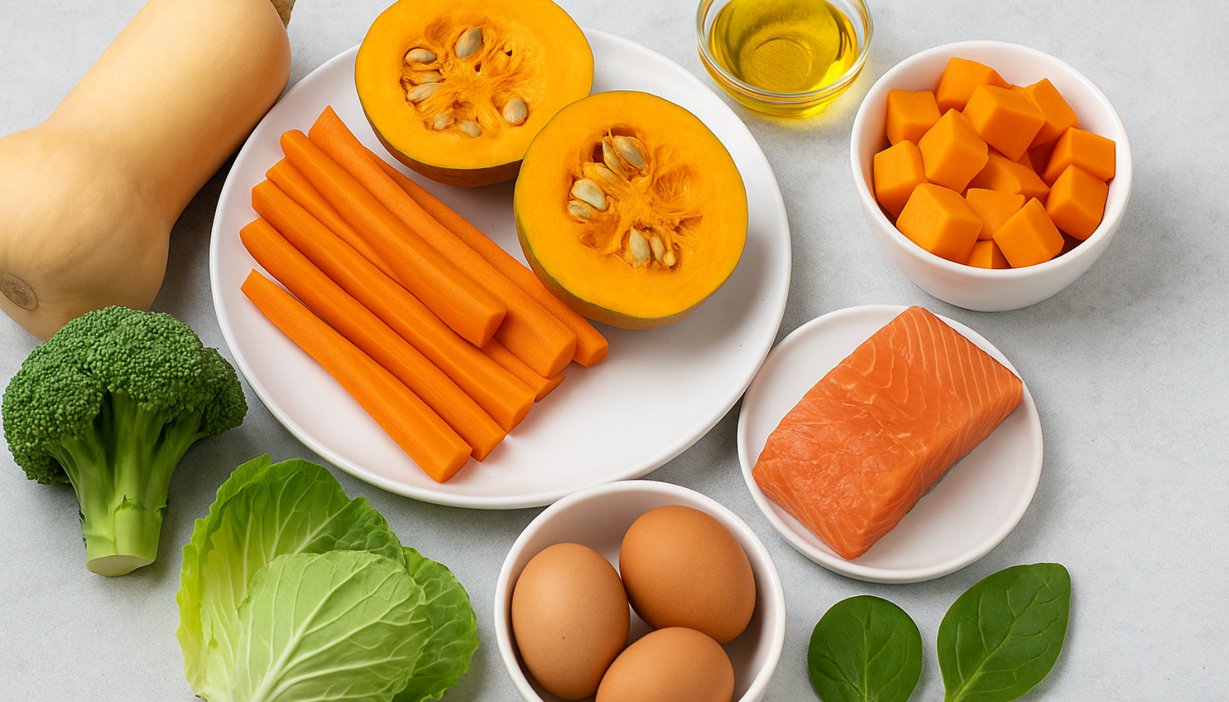 A-vitaminer – Viktig for hud, syn og immunforsvar 11 Matvarer rike på vitamin A, som gulrøtter, gresskar, egg, spinat og laks, lagt ut på en lys kjøkkenflate.