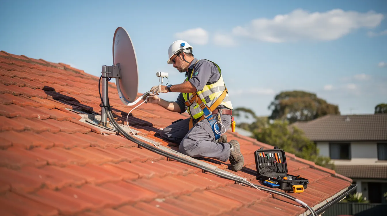 A technician is diligently installing a satellite dish on a tiled roof, showcasing their expertise in professional DSTV installation services. The image captures the careful setup process, emphasizing the importance of proper installation for optimal signal strength and customer satisfaction.