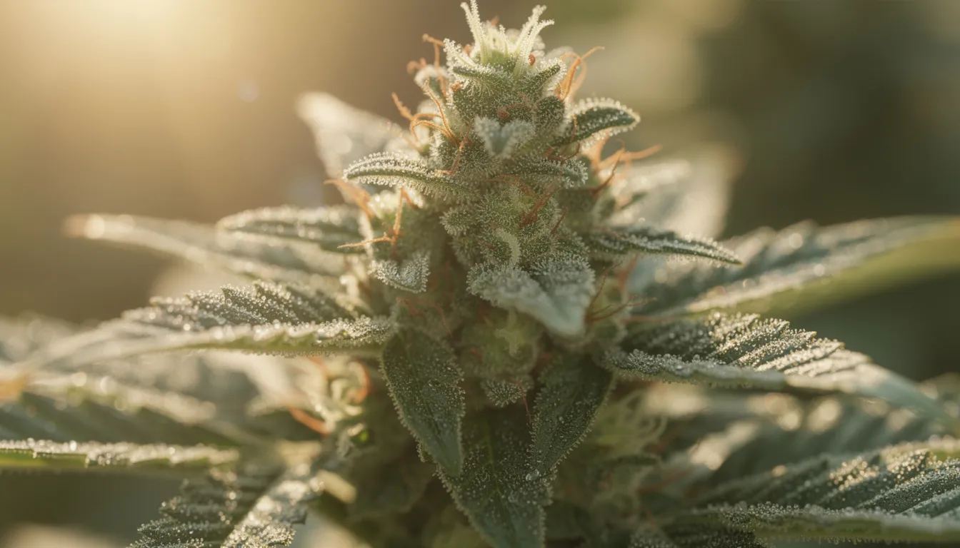 Die Nahaufnahme zeigt eine Cannabispflanze, deren Blüten mit funkelnden Trichomen im Sonnenlicht leuchten. Diese Trichome sind reich an Cannabinoiden und zeigen die chemische Struktur der Pflanze, die für ihre Wirkung auf das endocannabinoide System verantwortlich ist.