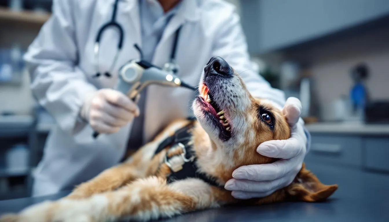 A veterinarian is examining a dog