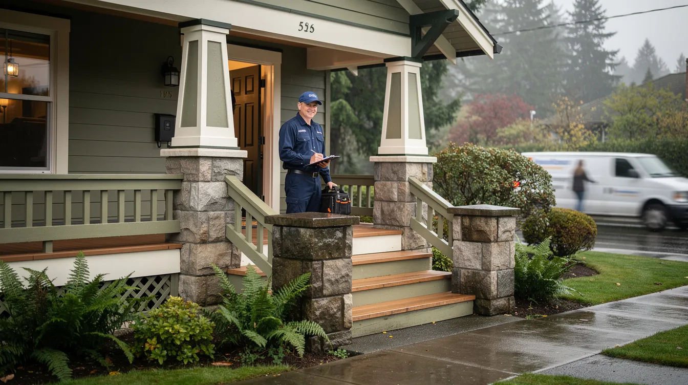 A professional plumber in uniform stands at the front door of a Seattle-style Craftsman house, ready to assist with any plumbing emergencies. The plumber is equipped with the right tools to address issues like drain cleaning, burst pipes, or sewer backups, ensuring excellent service for Seattle homeowners.