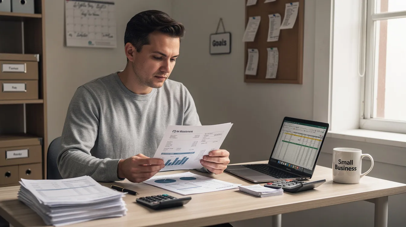 A small business owner sits at a simple desk, meticulously reviewing financial documents that include credit reports and credit card bills. This scene highlights the importance of maintaining a good credit score and understanding credit utilisation, which are essential for securing a business loan or improving cibil score for mudra loan eligibility.
