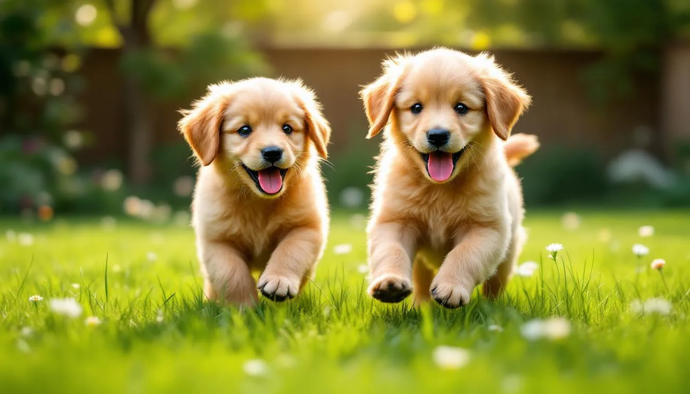 In a sunny grassy yard, a group of playful toy goldendoodle puppies frolic together, showcasing their curly coats and affectionate nature. Their friendly antics and small size make them perfect companions for families and pet owners alike.