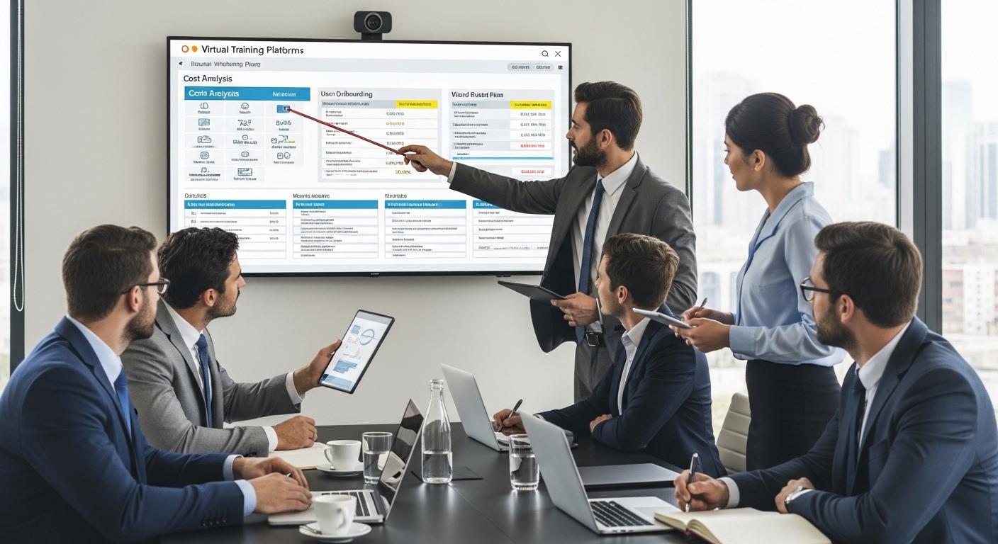 Corporate team evaluating a new virtual training platform with migration plans, cost analysis dashboards, user onboarding workflows, and cloud-based learning environments displayed on large screens.
