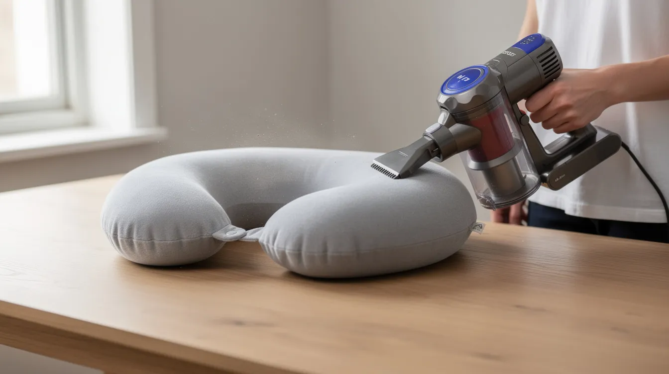 A person is using a small handheld vacuum to clean a travel pillow, ensuring it stays fresh and free of dust and dirt. The pillow, likely made of memory foam, is placed on a table, highlighting the importance of keeping it hygienic and in good condition.