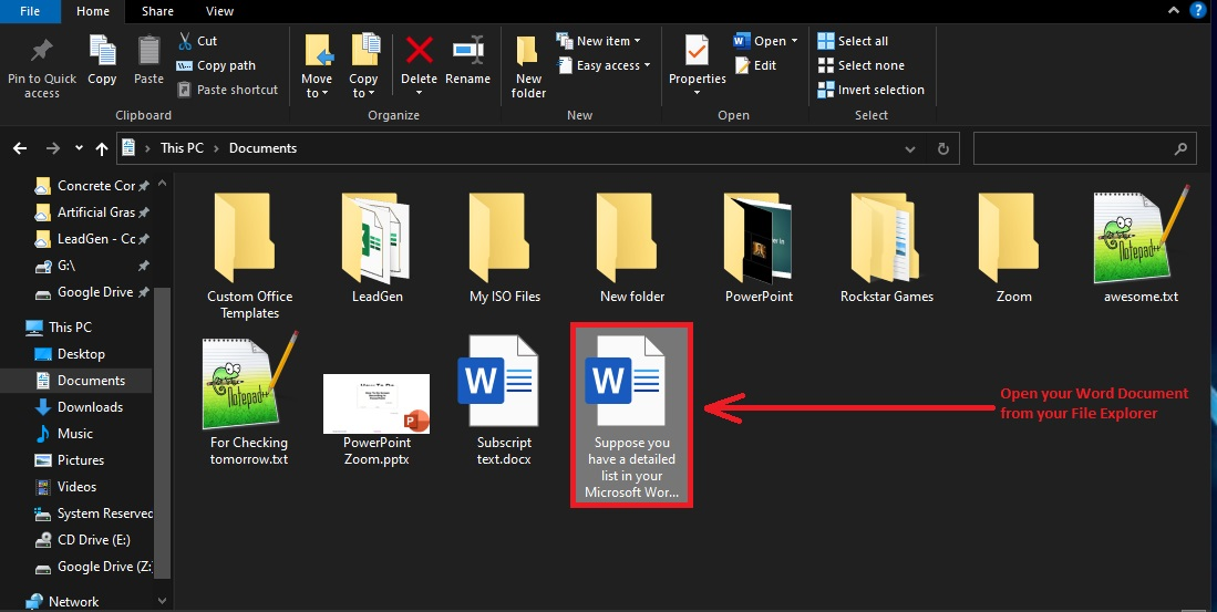 On your File Explorer, click the Word doc that has a bullet point