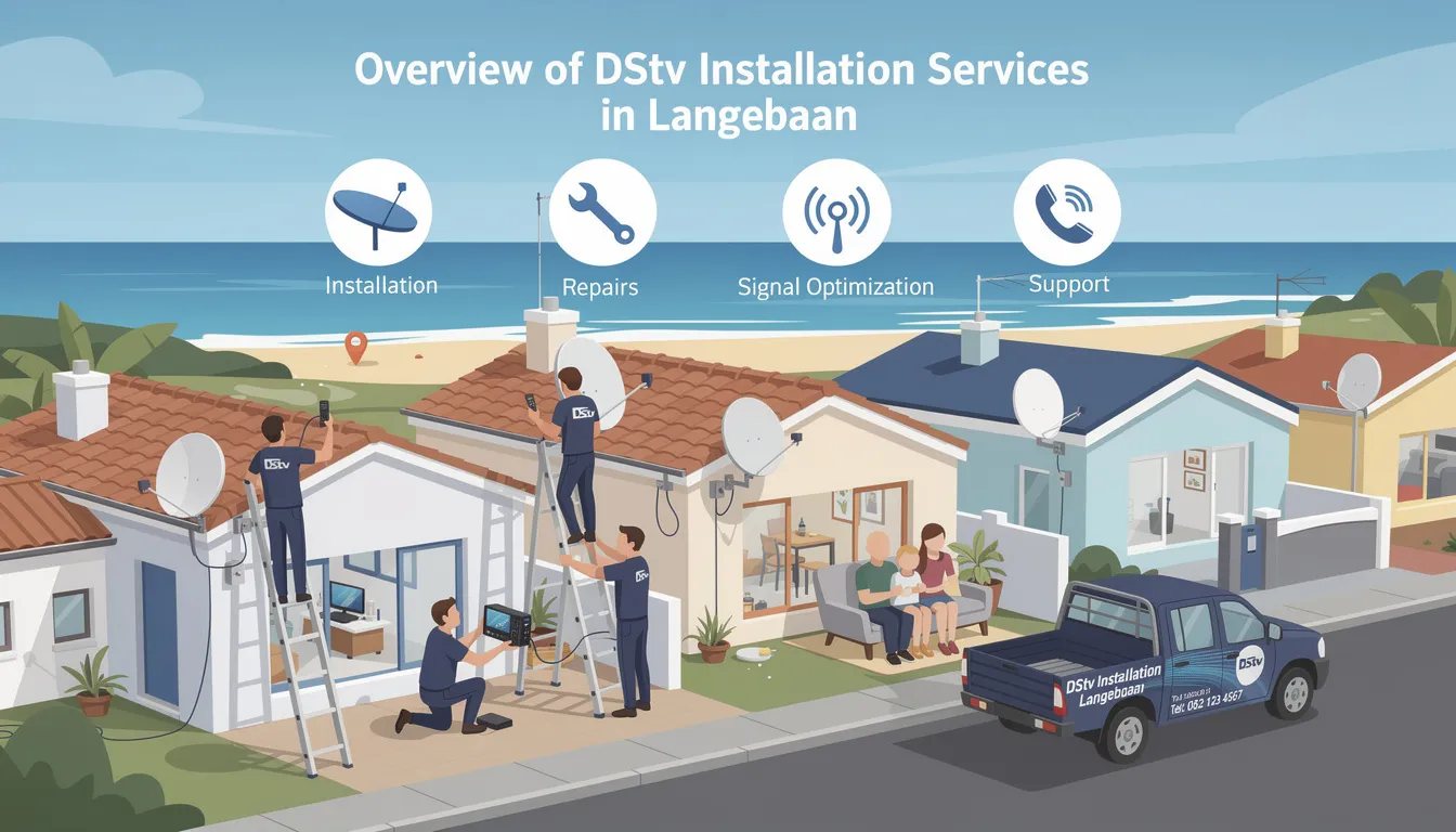The image showcases a professional team of accredited DSTV installers in Langebaan, highlighting their expertise in providing DSTV installation services, including satellite dish installation and TV wall mounting. The scene reflects a commitment to quality service and customer satisfaction in the West Coast suburbs.