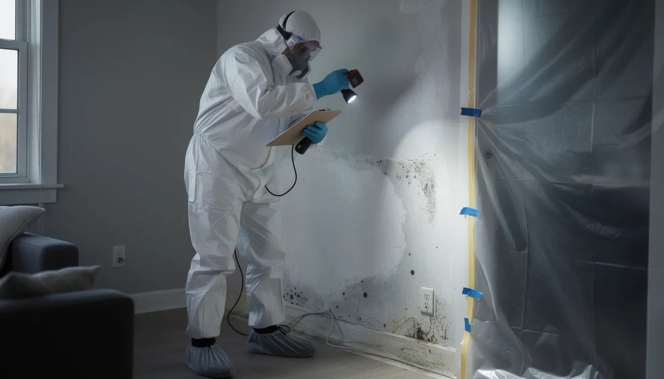 A professional remediation technician, dressed in protective gear, is inspecting a wall for signs of mold growth, which can pose health risks such as allergic reactions and asthma symptoms. The technician is focused on identifying any excess moisture or decaying organic matter that may contribute to indoor mold growth and the development of toxic mold colonies.