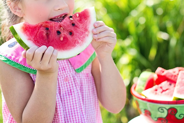 girl, eating, watermelon