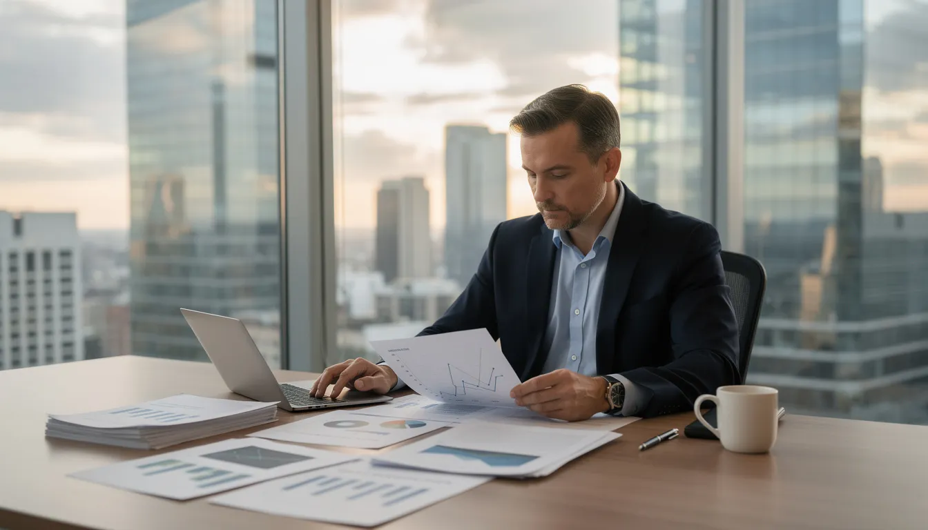Un homme d'affaires examine des documents financiers à son bureau, avec une vue panoramique sur la skyline d'une ville moderne en arrière-plan. Ce cadre évoque les préoccupations liées à la fiscalité, notamment l'exit tax et le départ à l'étranger.