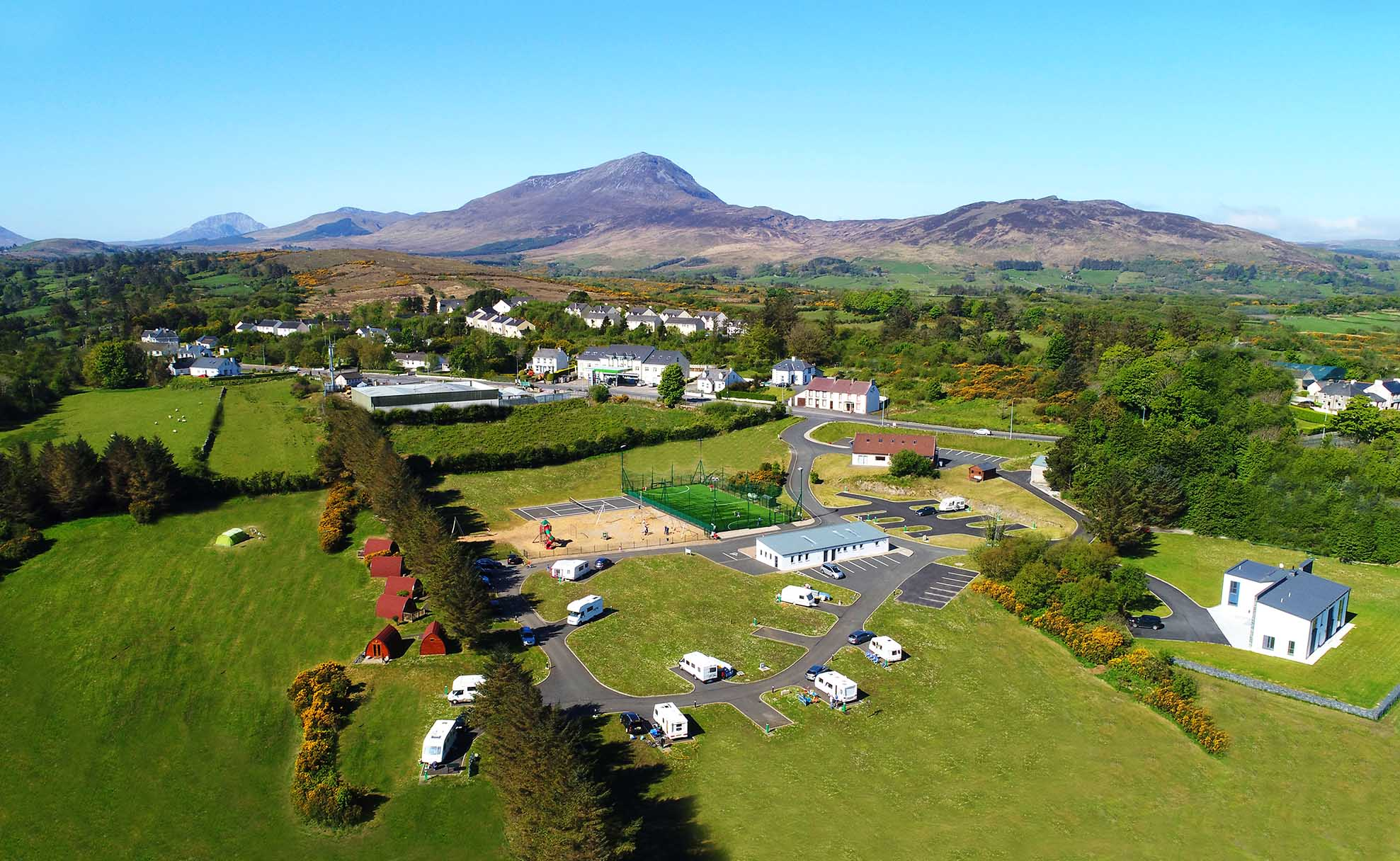 Aerial shot of wild atlanyic camp in donegal