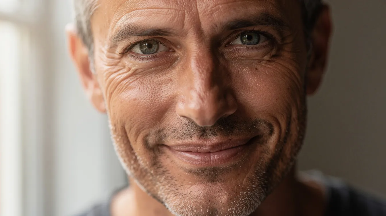 A close-up portrait of a confident middle-aged man with well-defined masculine features and clear eyes, illuminated by natural lighting, showcasing a youthful appearance. His expression reflects the benefits of cosmetic eyelid surgery, highlighting the absence of excess skin and dark circles often associated with tired or aged appearances.