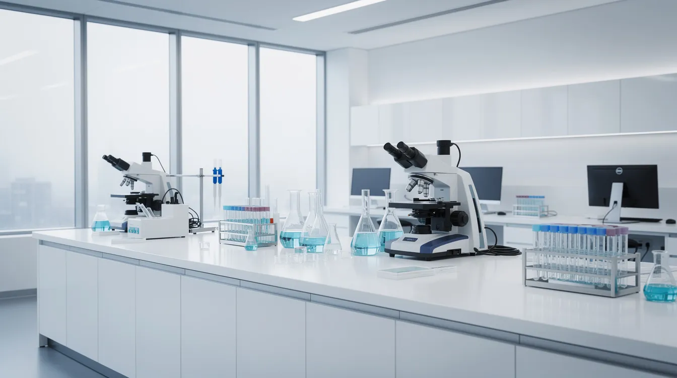 The image depicts a serene modern laboratory environment featuring clean white surfaces and professional equipment, ideal for the creation of high-quality moissanite stones. The space reflects a commitment to precision and innovation, essential for producing exceptional gemstones that exhibit remarkable light performance and brilliance.