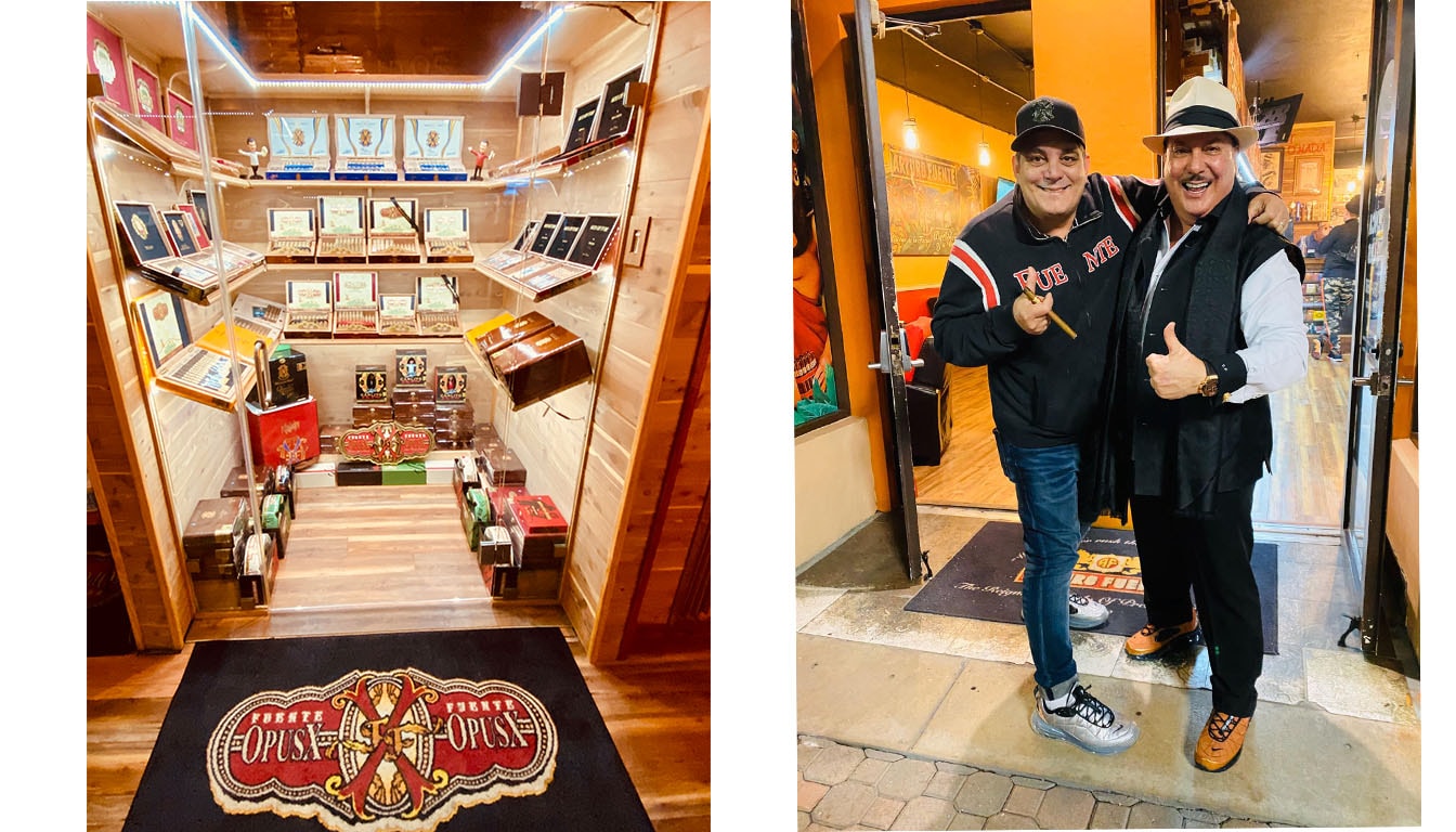 Interior of a cigar shop, climate-controlled display cases showcase an impressive collection of rare cigars. Carlitos Fuente and Miguelito Cuenca!
