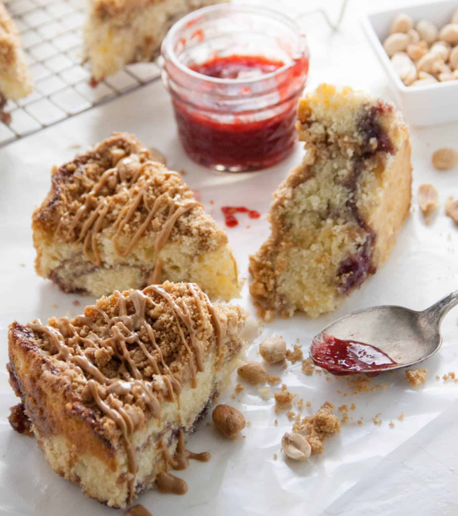 three slices of peanut butter jelly coffee cake 