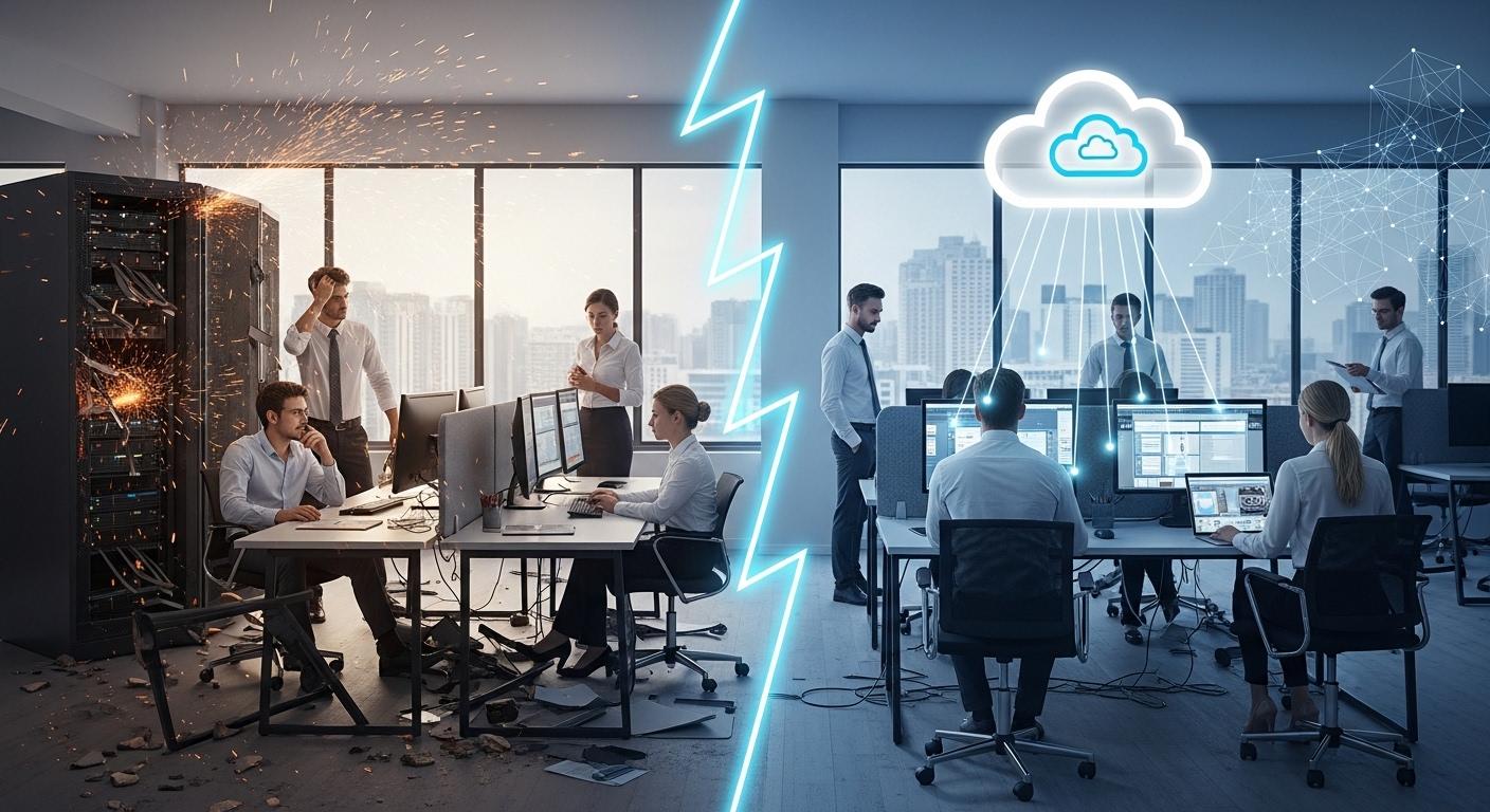 Business continuity concept showing employees instantly reconnecting to cloud-hosted virtual desktops after a hardware failure or office disruption.