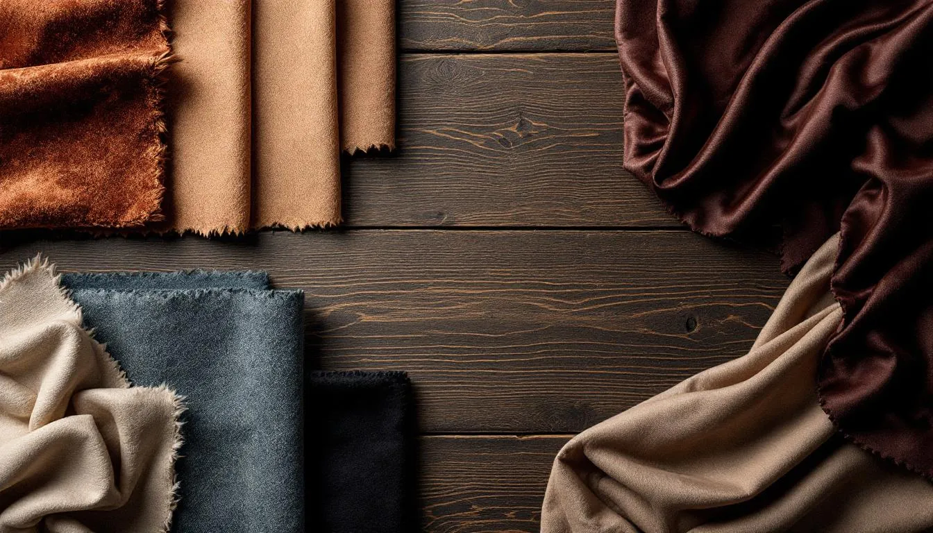 The image showcases a collection of elegant fabric samples in various textures and colors, neatly arranged on a wooden surface, highlighting their unique style and quality. These samples could be used for roller shades or roman shades, offering a range of options for light control and aesthetic appeal in any room.