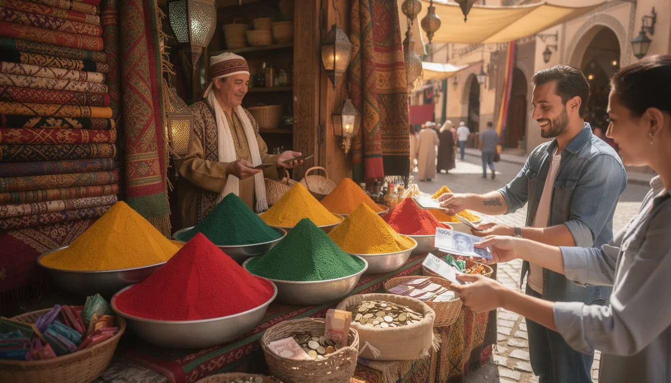 A vibrant Moroccan market stall is filled with an array of colorful spices and textiles, where vendors are ready to accept cash payments in Moroccan dirham, the official currency of Morocco. The scene captures the lively atmosphere of local shopping, making it a smooth and enjoyable experience for visitors.