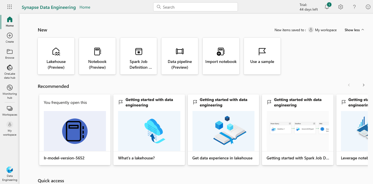 Home page for Synapse Data Engineering