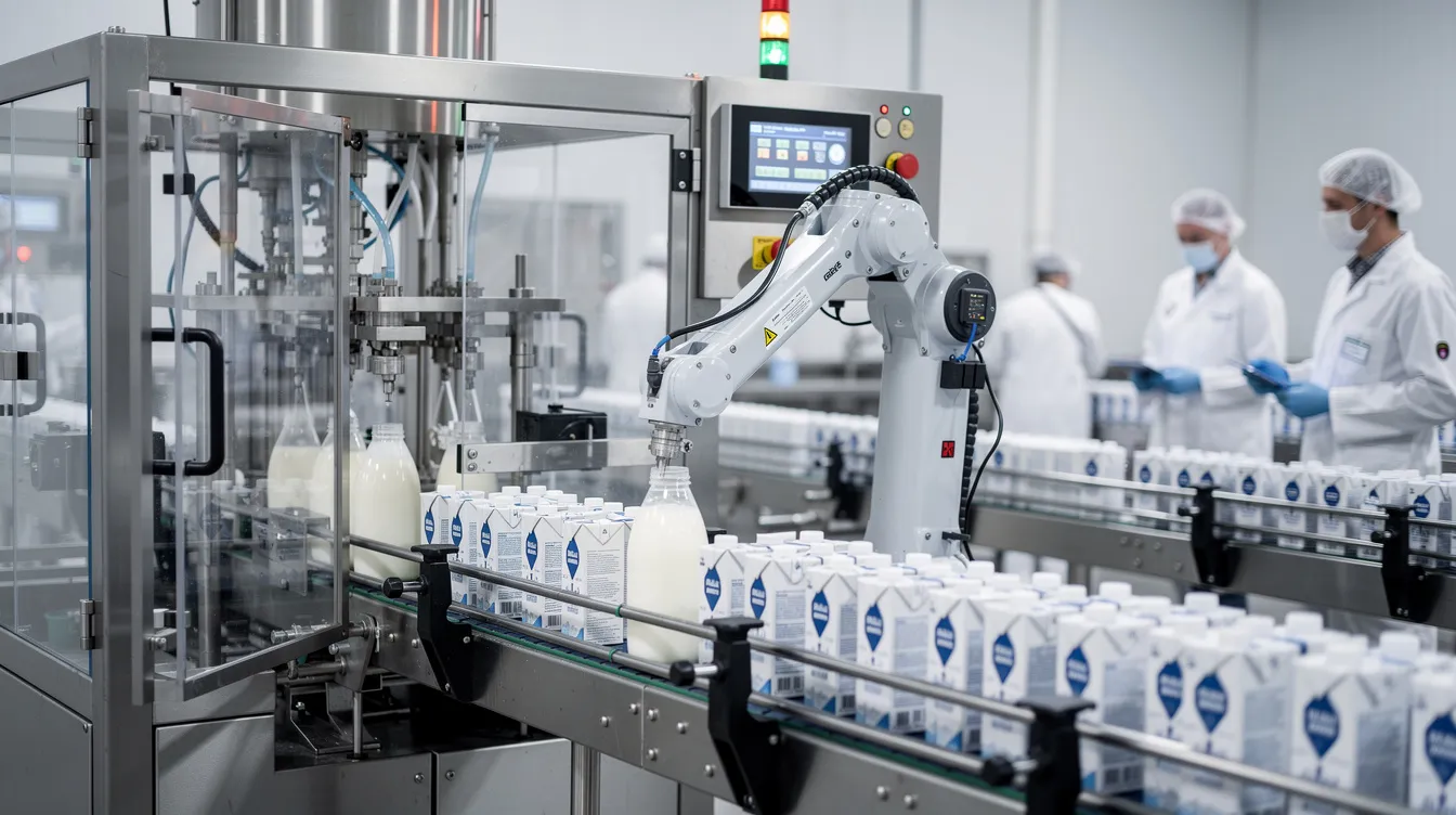 e47a7644 9696 49d2 85c0 2ea249682b23 The image shows automated aseptic carton filling machines on a dairy production line, efficiently packaging UHT milk in pre-sterilized containers. The machines operate within a sterile atmosphere, utilizing heat exchangers to ensure the milk undergoes ultra high temperature processing for extended shelf life and food safety.