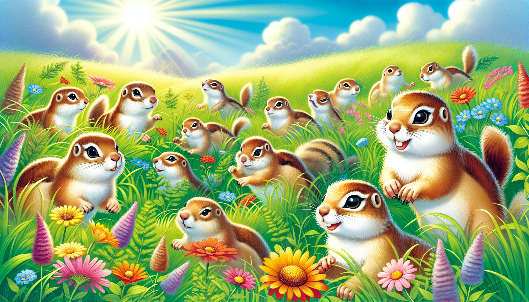 A whimsical drawing of ground squirrels and prairie dogs interacting in a grassy field, demonstrating their social behavior.