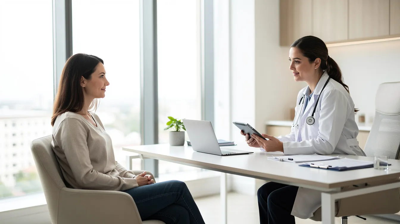 The image depicts a woman engaged in a calm consultation with a female doctor in a bright, modern office, emphasizing a supportive environment for discussing sexual health and wellness. This setting highlights the importance of addressing issues like low libido and hormonal imbalances in order to enhance sexual satisfaction and overall well-being.