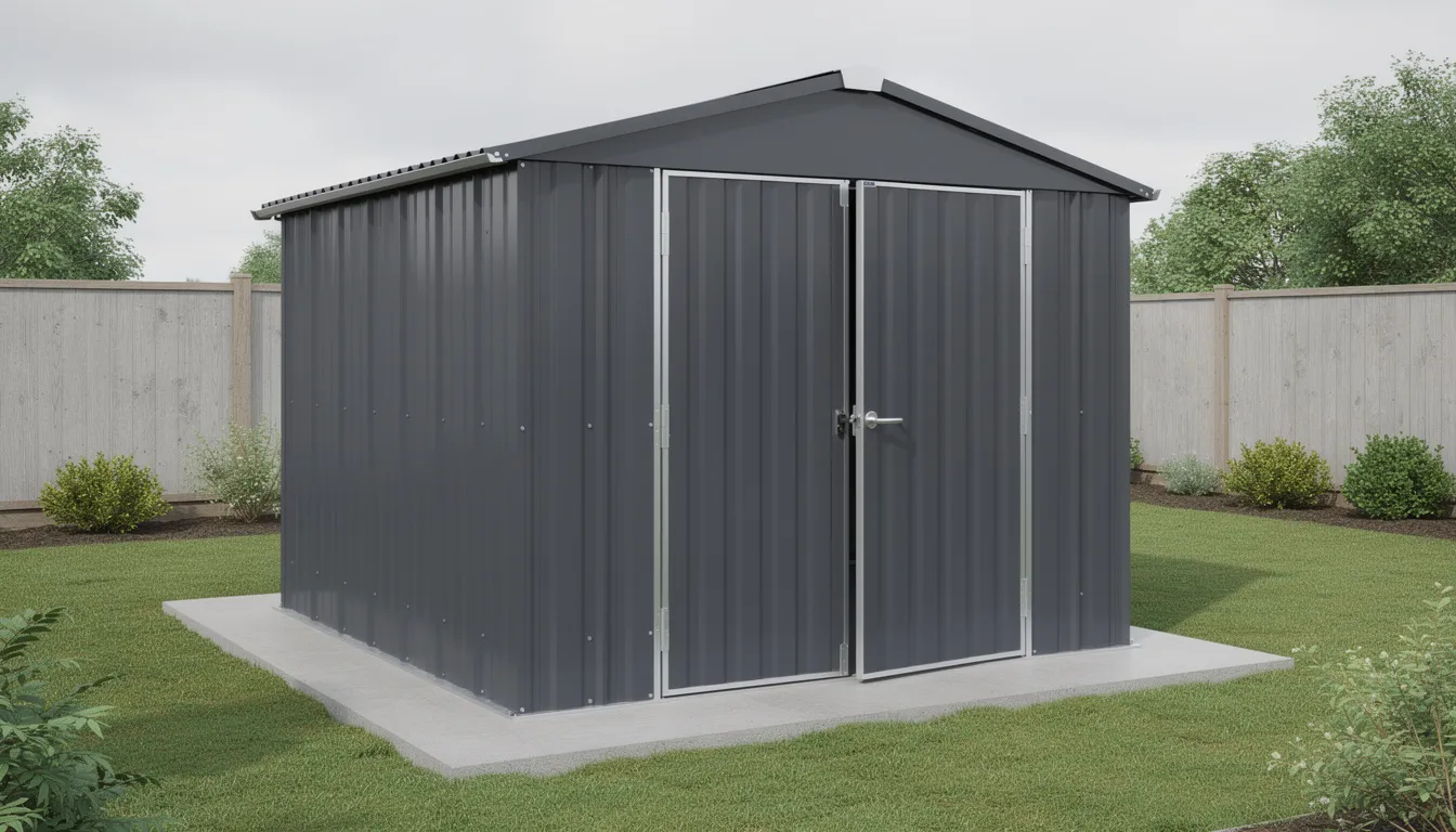 The image depicts a 6′ x 4′ Yardmaster Castleton Anthracite Pent Metal Shed, showcasing a spacious design with double sliding doors for easy access. Made of weather-resistant galvanized steel, this garden shed offers ample storage space for all your outdoor tools and gardening equipment, featuring two ventilation windows to prevent mildew build-up.