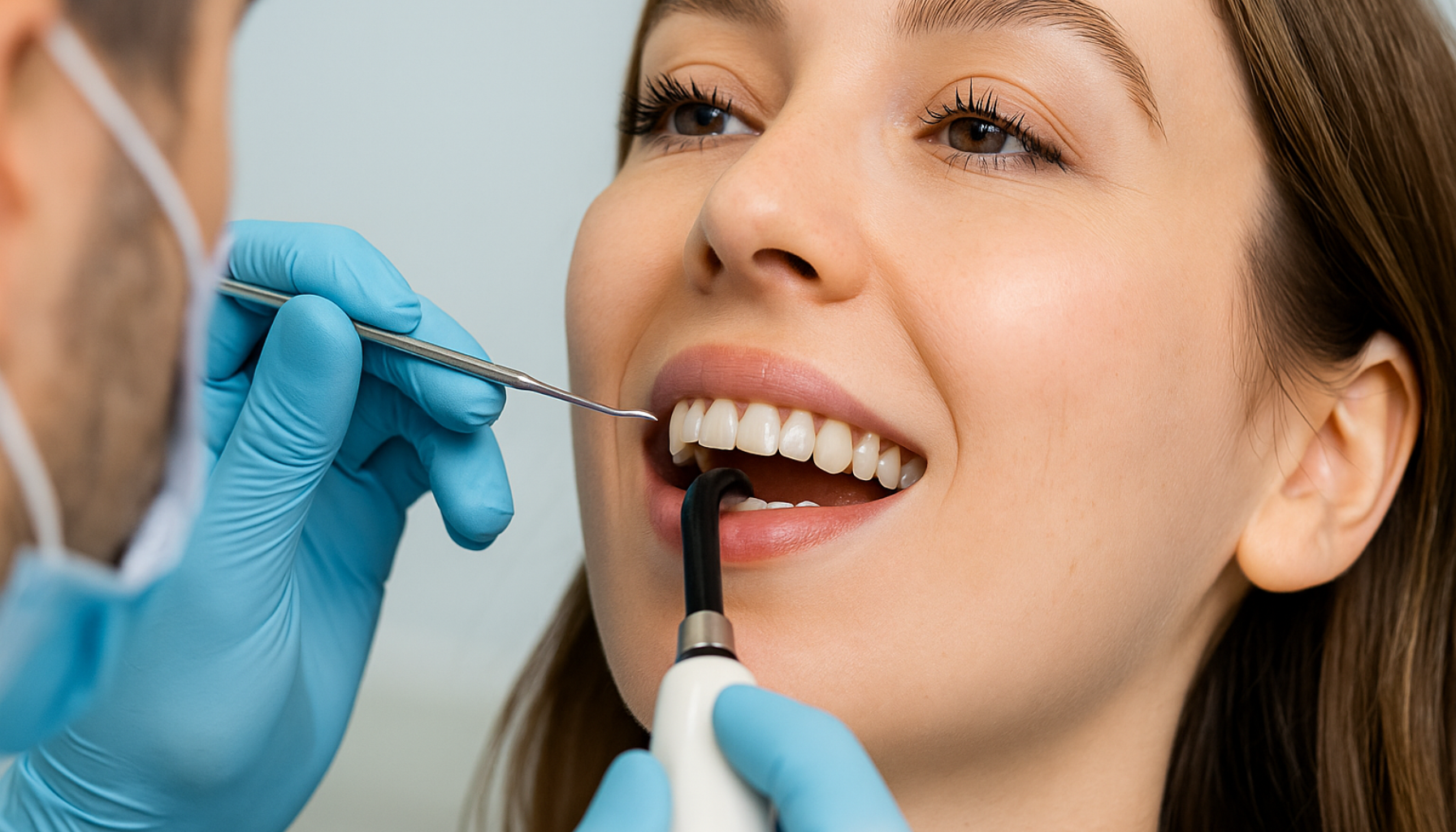 Kvinne får kompositt resin bonding på fortennene under tannlegebesøk for å forbedre smilet.