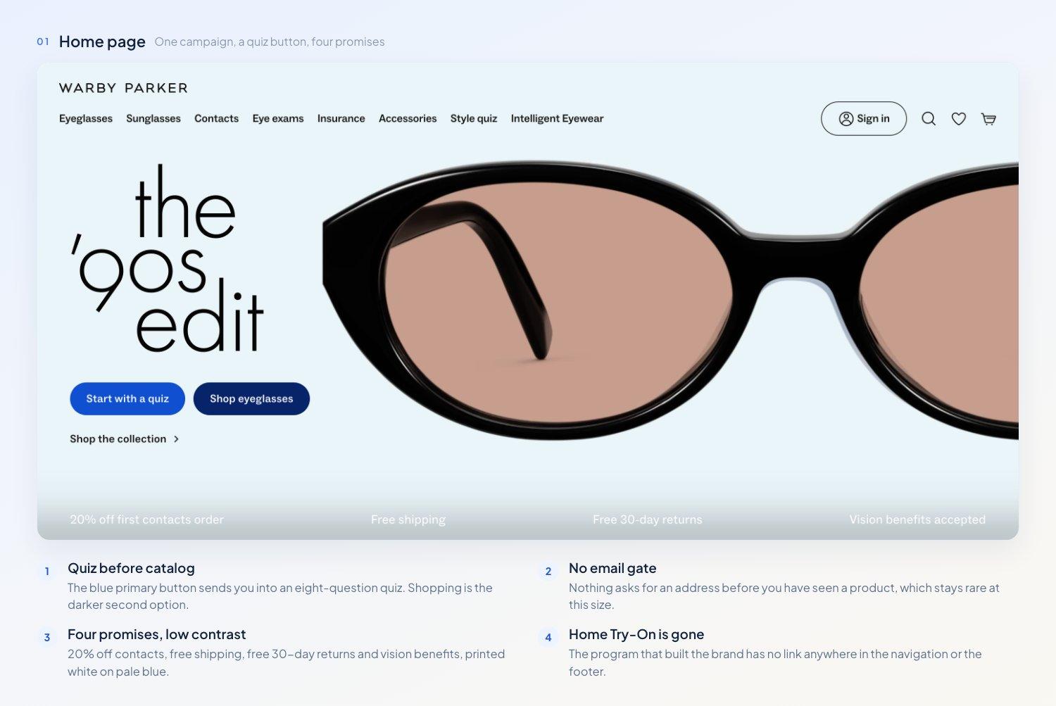 The Warby Parker home page: a campaign hero with Start with a quiz and Shop eyeglasses buttons, an eight-item navigation, and a pale strip carrying four promises