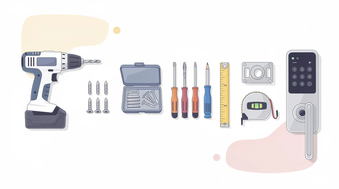 Tools needed for smart lock installation including a power drill and screws.