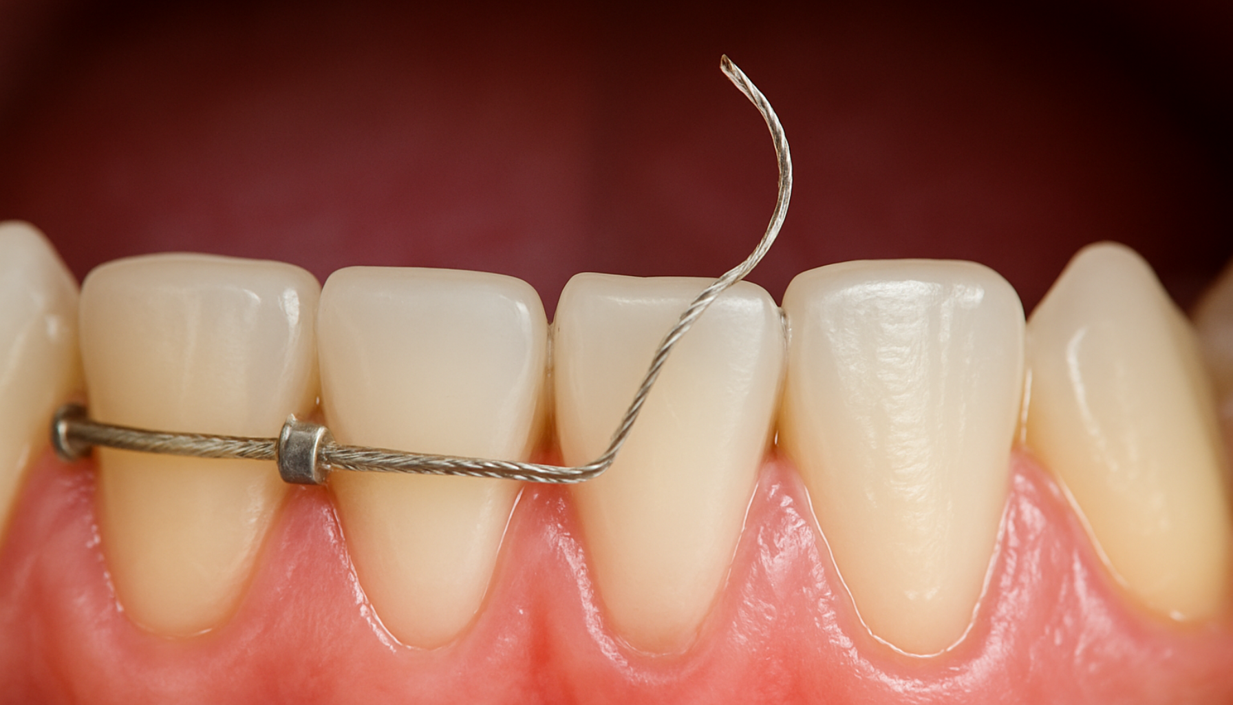 Streng bak tennene løsnet: Hva gjør du nå? 10 Nærbilde av løsnet retainertråd bak fortennene med metalltråd som bøyer seg ut fra tannen.