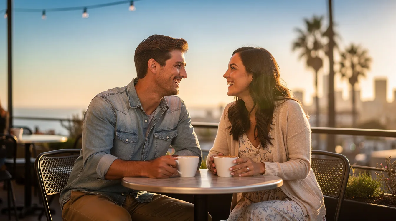 A couple enjoys a cozy coffee date in a vibrant San Diego café, surrounded by the lively atmosphere of the city. They sit at a small table, chatting and laughing, embodying the romance and excitement of the local dating scene.