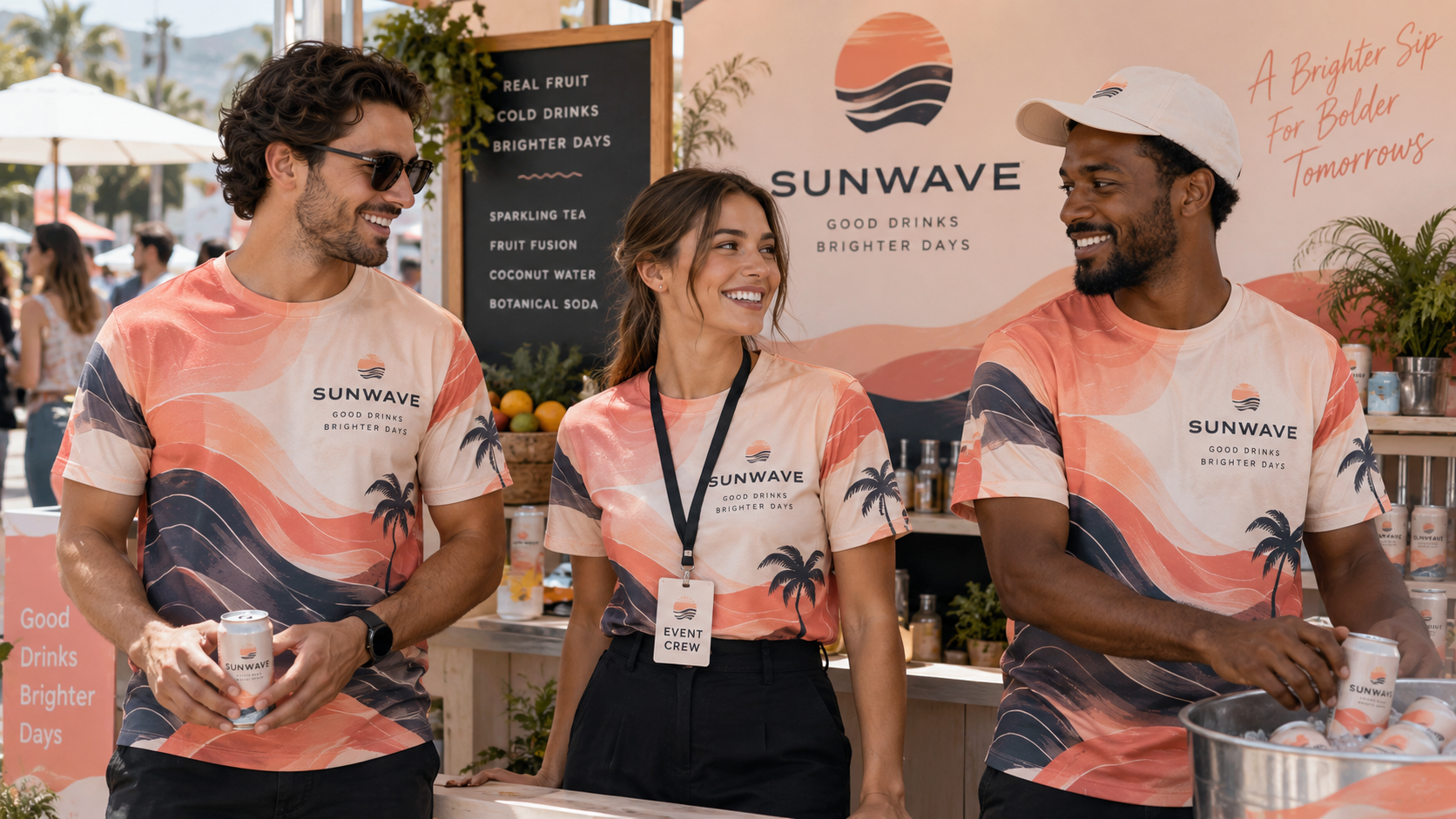 Three event staff wearing all-over print T-shirts with tropical gradient artwork extending across the body and sleeves.