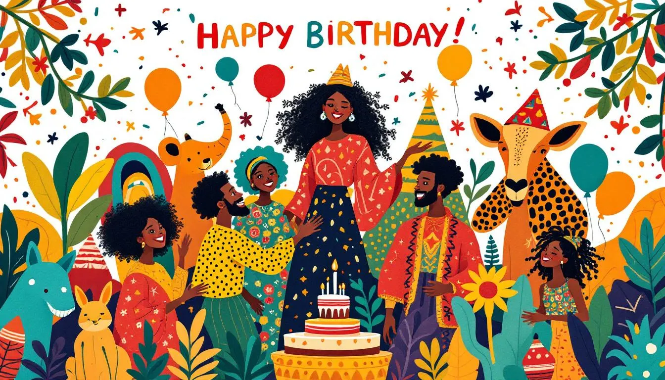 Creative and unique African birthday wishes displayed on vibrant greeting cards.