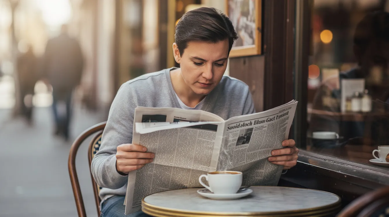 A person sits at a cafe table, sipping coffee while reading a newspaper and appearing thoughtful, surrounded by a cozy atmosphere. The scene captures a moment of reflection, reminiscent of the calm found in many non gamstop casinos where players can enjoy a relaxed gaming experience.