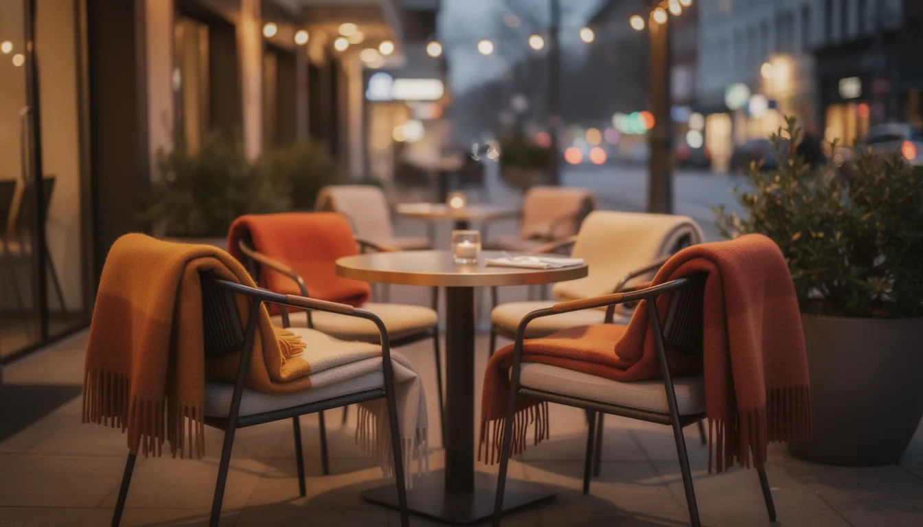 Na tarasie restauracji znajdują się eleganckie krzesła, na których leżą złożone, ciepłe koce w różnych kolorach, idealne do relaksu w chłodniejsze dni. Te miękkie i komfortowe koce mogą być doskonałym prezentem, a ich unikalny styl sprawia, że stanowią praktyczny dodatek do każdego wnętrza.