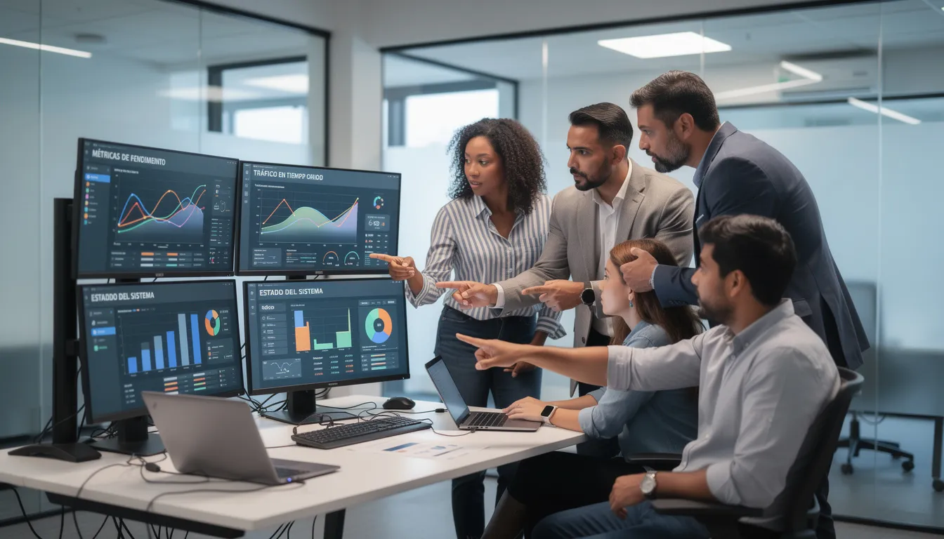 Un equipo de profesionales de TI está analizando opciones en pantallas que muestran gráficos y métricas sobre servicios en la nube, con un enfoque en la inteligencia artificial y el software como servicio. La imagen refleja un entorno colaborativo donde se evalúan diferentes soluciones tecnológicas para optimizar la infraestructura de las empresas.