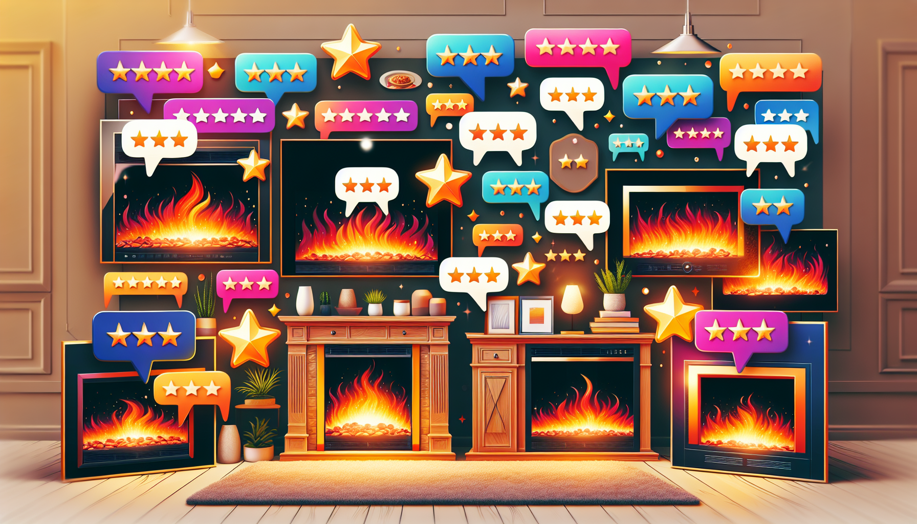 Customer reviews and testimonials displayed with media wall fireplaces.