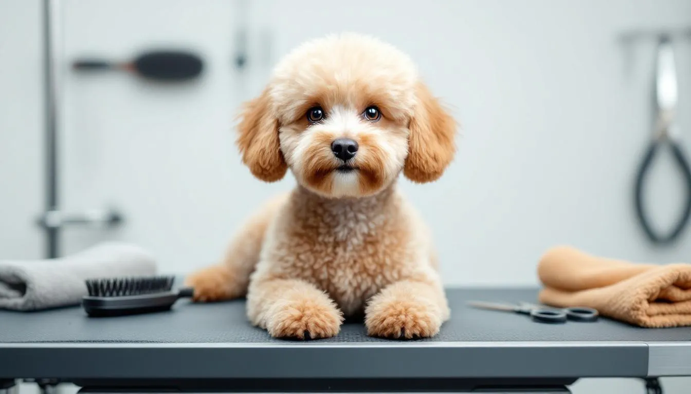 A toy poodle with a curly coat is being groomed in a professional setting, showcasing its beautiful fur and playful personality. This small dog, known for being affectionate and smart, is one of the popular toy dog breeds favored by pet lovers.