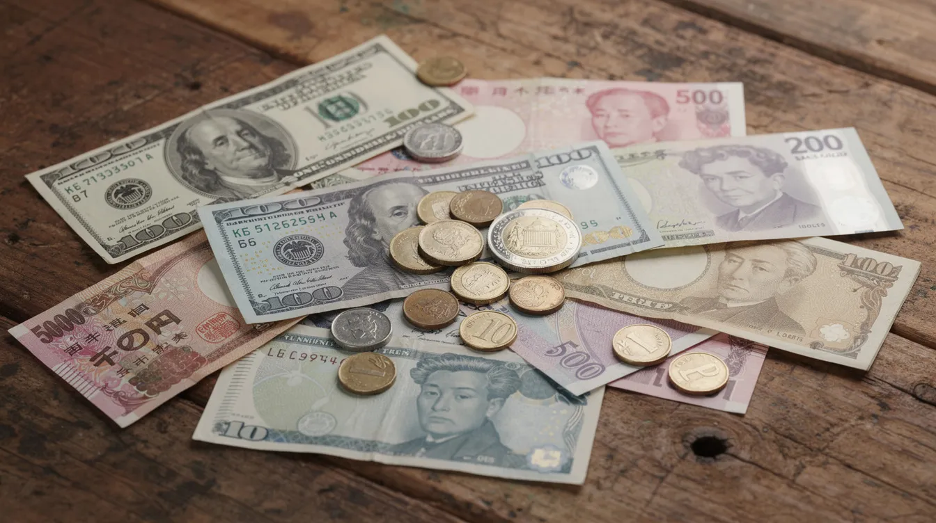 The image displays a variety of international currency notes and coins arranged on a wooden surface, showcasing multiple currencies from different countries. This visual representation highlights the concept of foreign currency, which is essential for international money transfers and online banking transactions.
