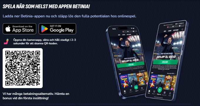 Betinias mobilapp med nedladdning via App Store, Google Play eller QR-kod.