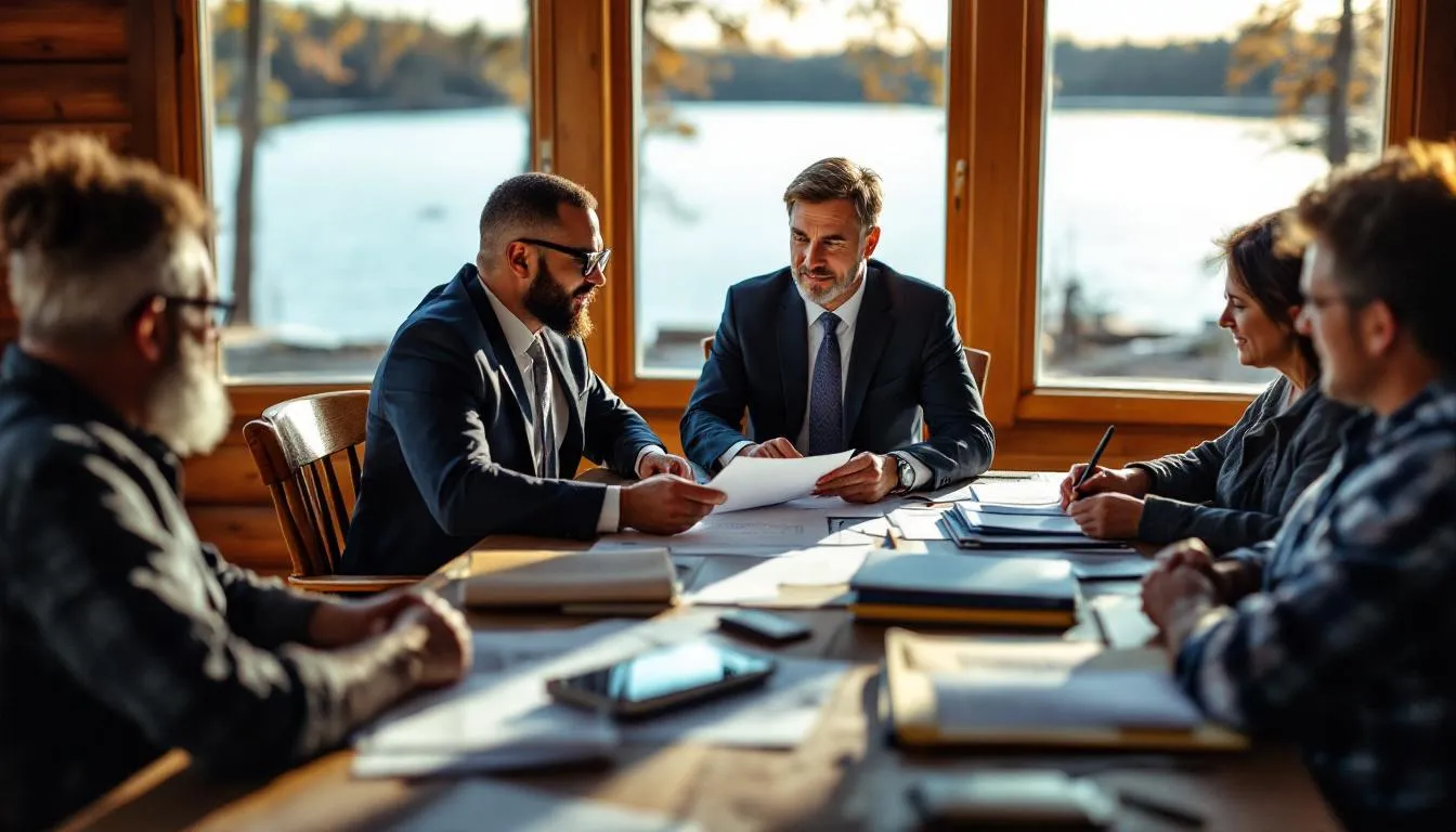 An insurance agent is seated at a table outdoors, reviewing documents with lake property owners near the Lake of the Ozarks. The setting is serene, surrounded by water and trees, as they discuss various insurance solutions, including home and life insurance, to meet the clients' needs.